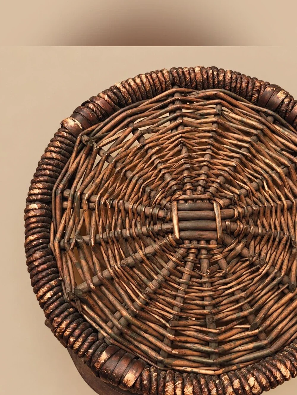 Vintage Handwoven Wicker Basket Wood Handles Rustic Boho Primitive Decor 16